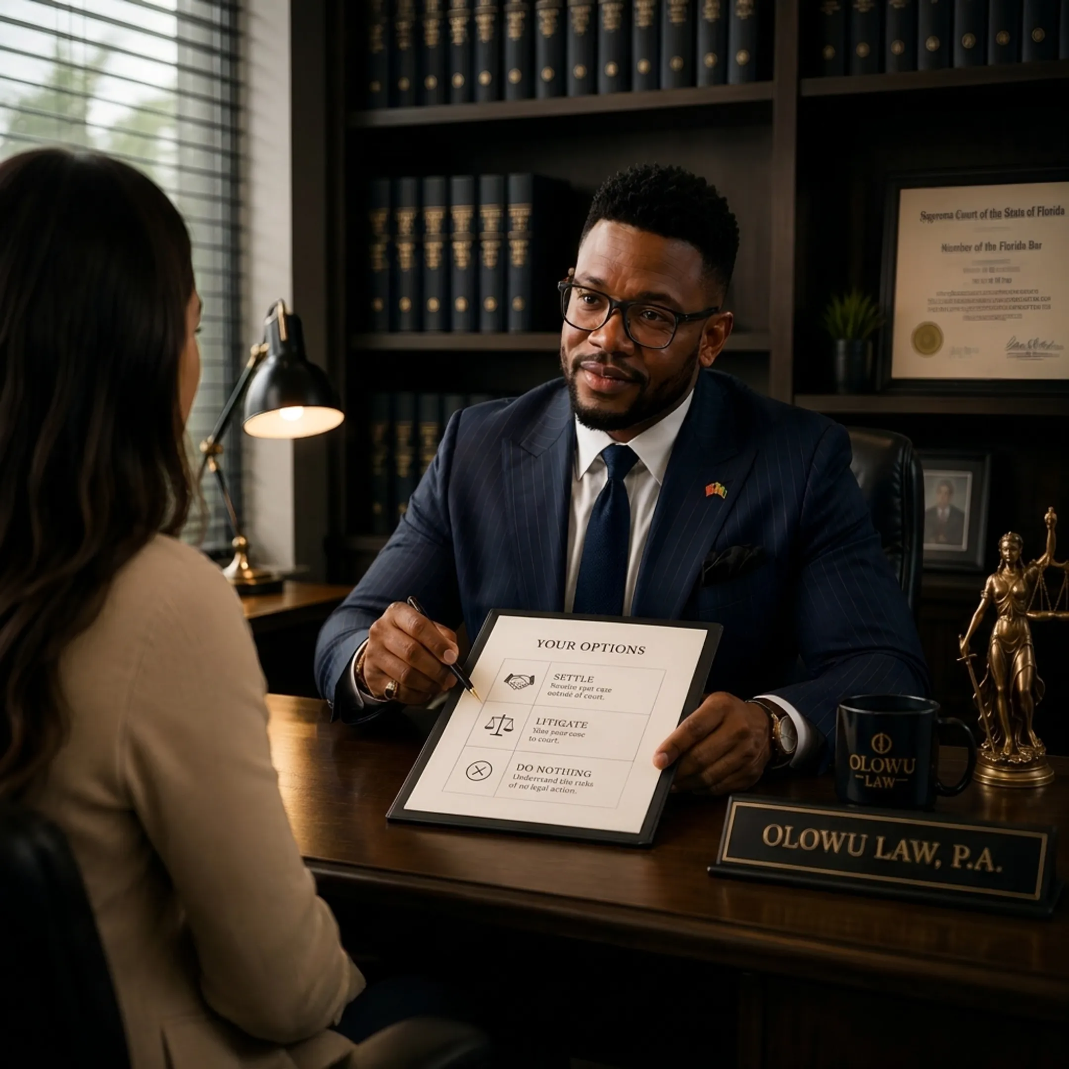 Attorney discussing an accident claim with a client at a desk