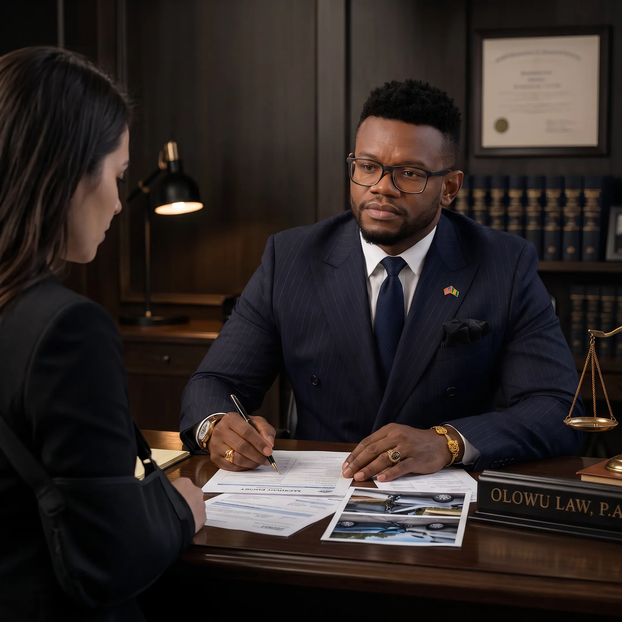 Personal injury attorney consulting with an accident victim in a Florida law office