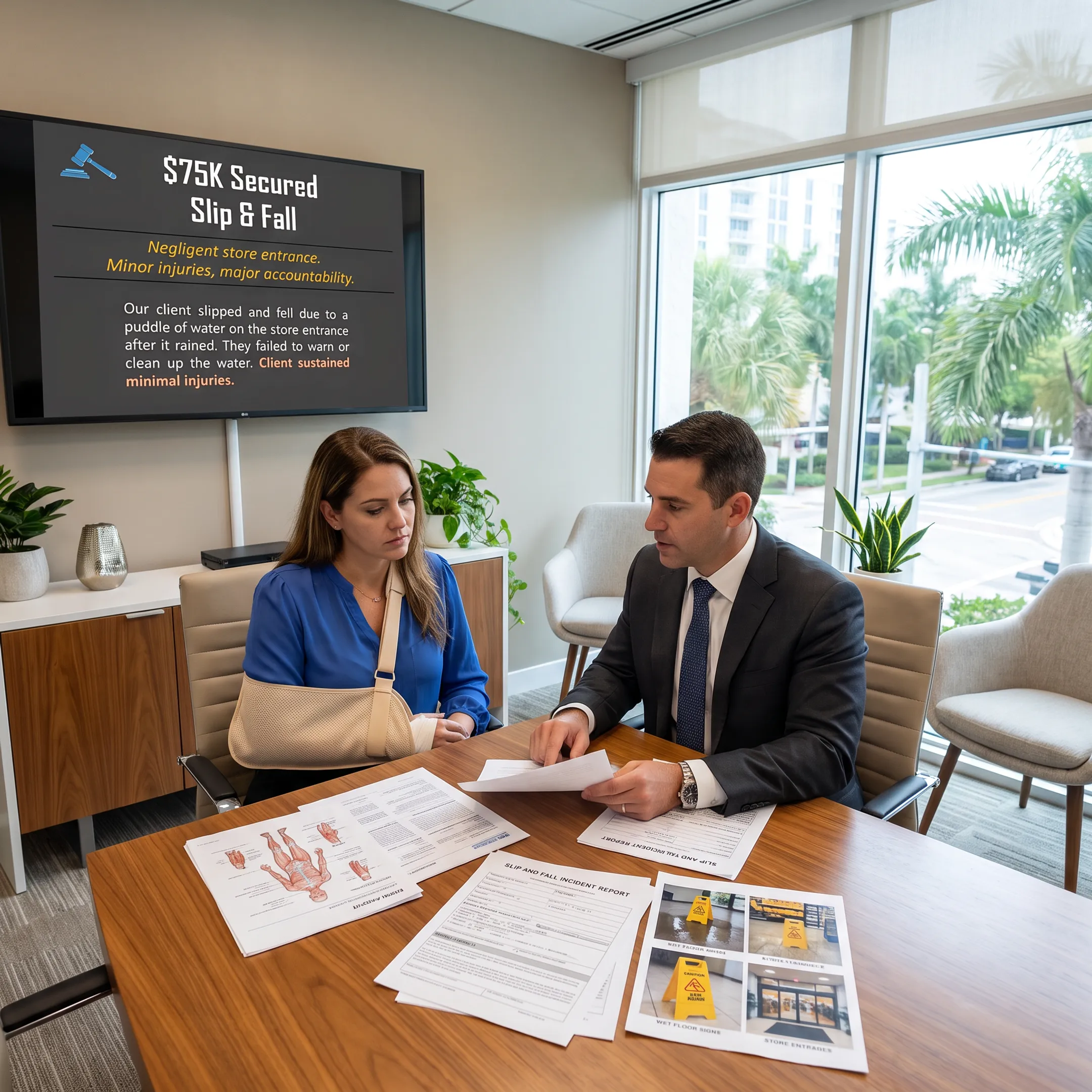 Personal injury attorney consulting with an injured client in a Florida law office
