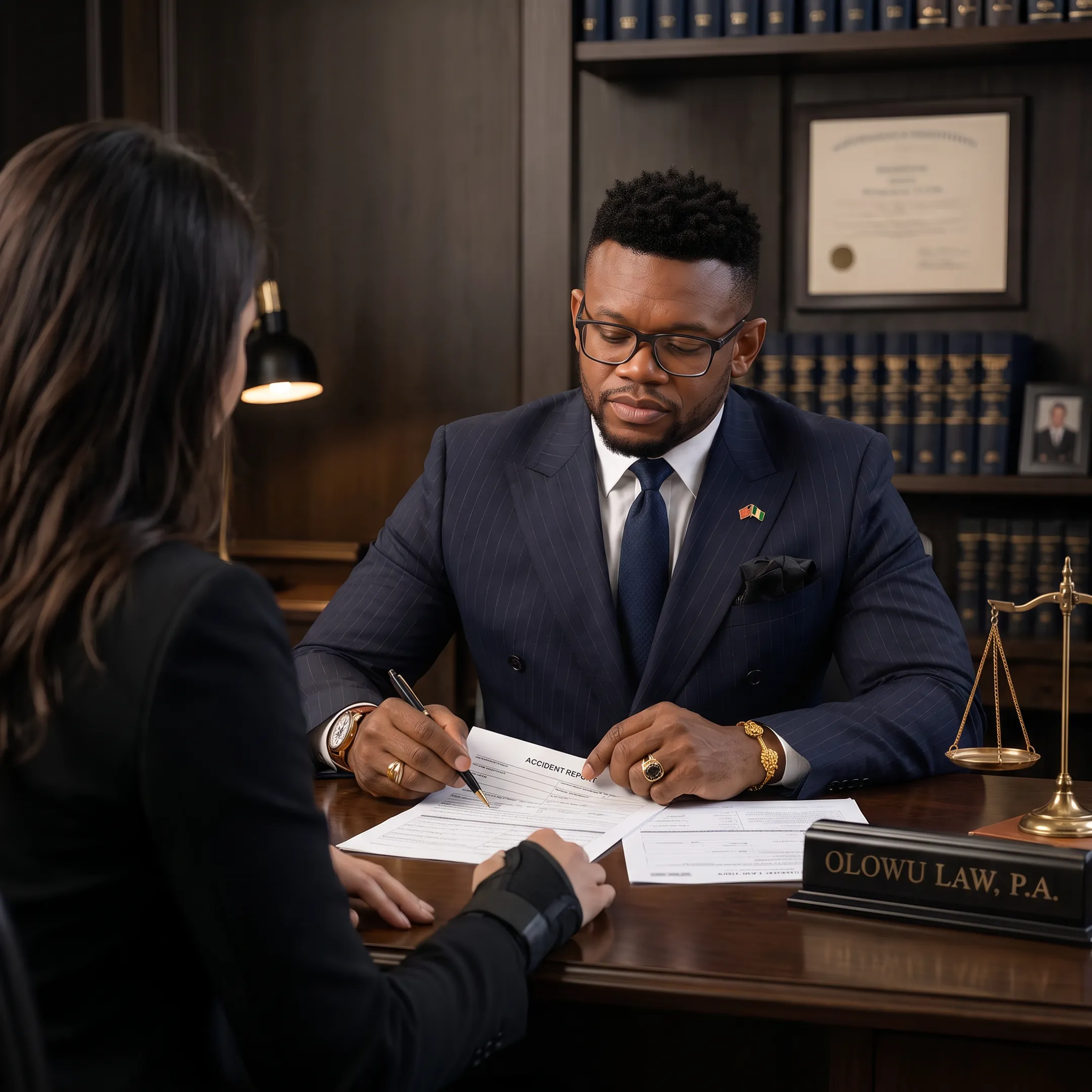 Personal injury attorney meeting with an accident victim in a Florida law office