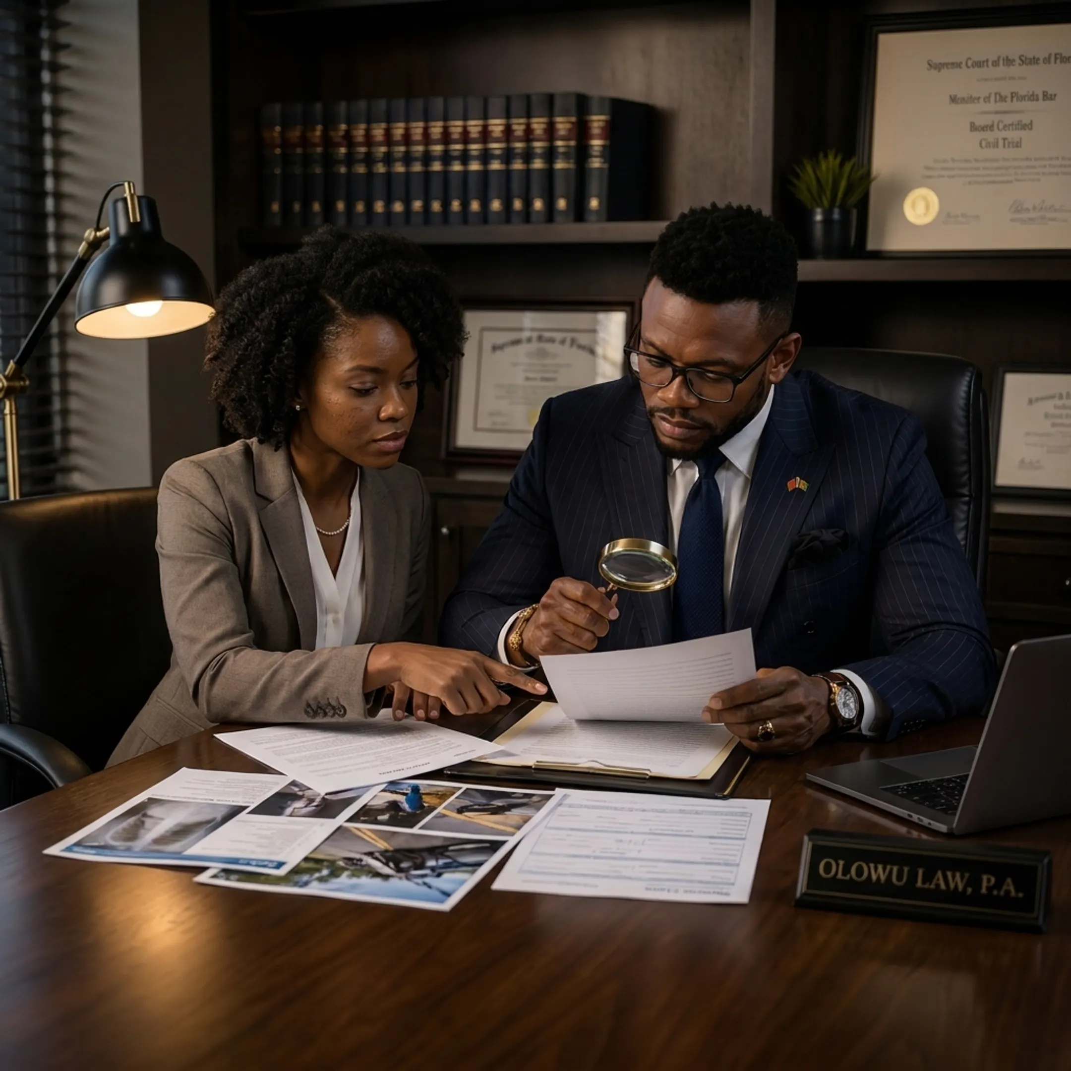 Attorney reviewing a personal injury case file with a client