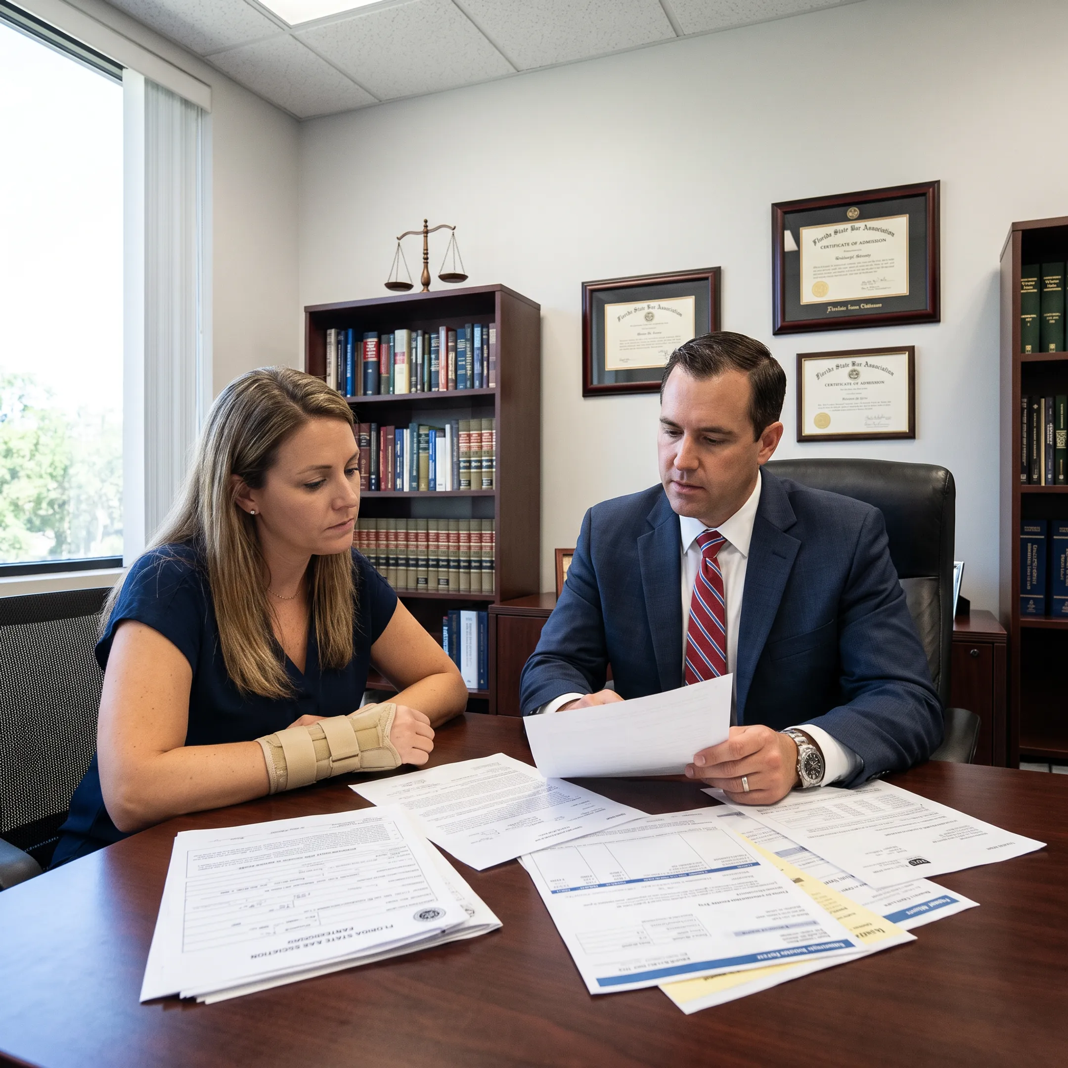 Personal injury lawyer meeting with an injured client in a Florida law office