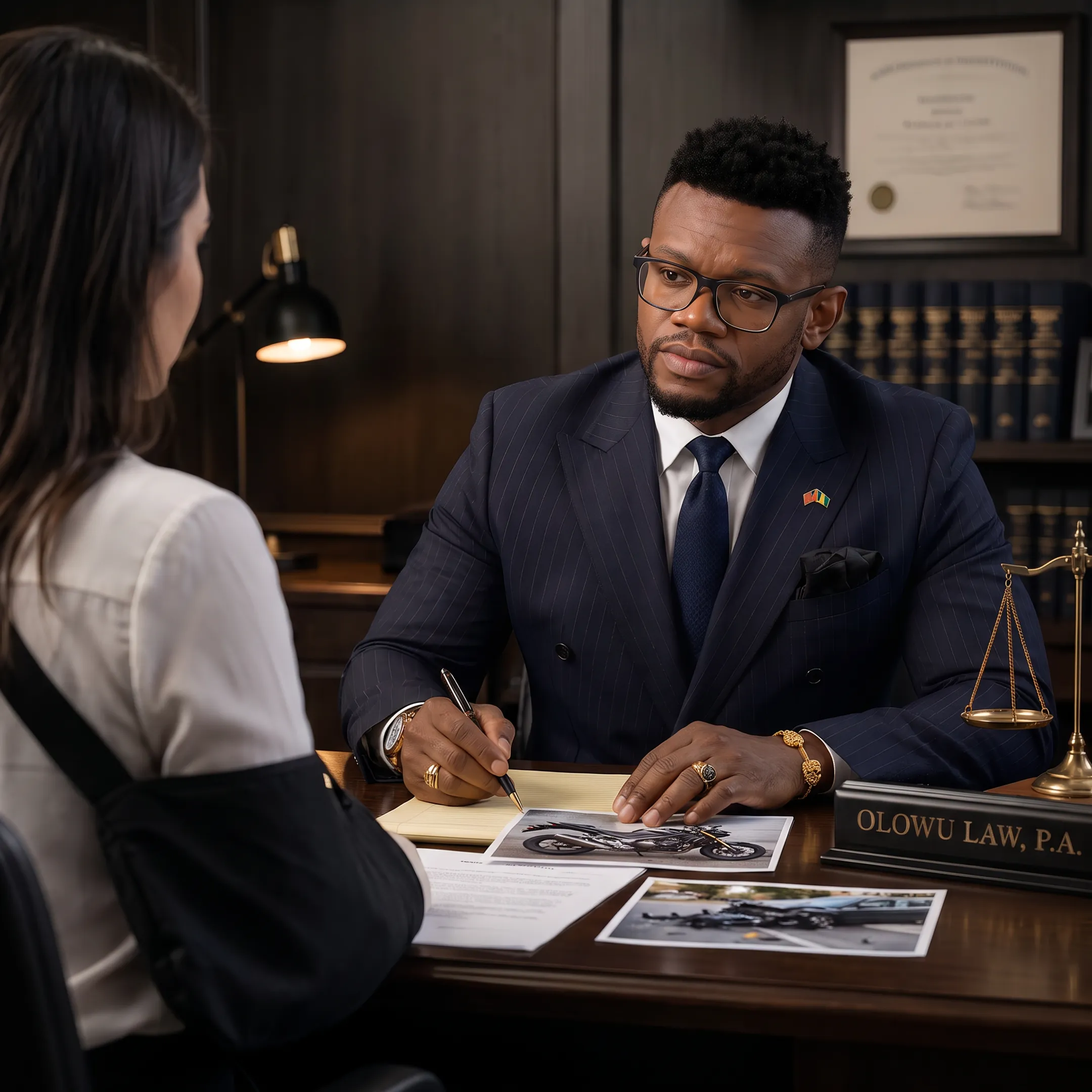 Lawyer consulting with an injured motorcycle accident client