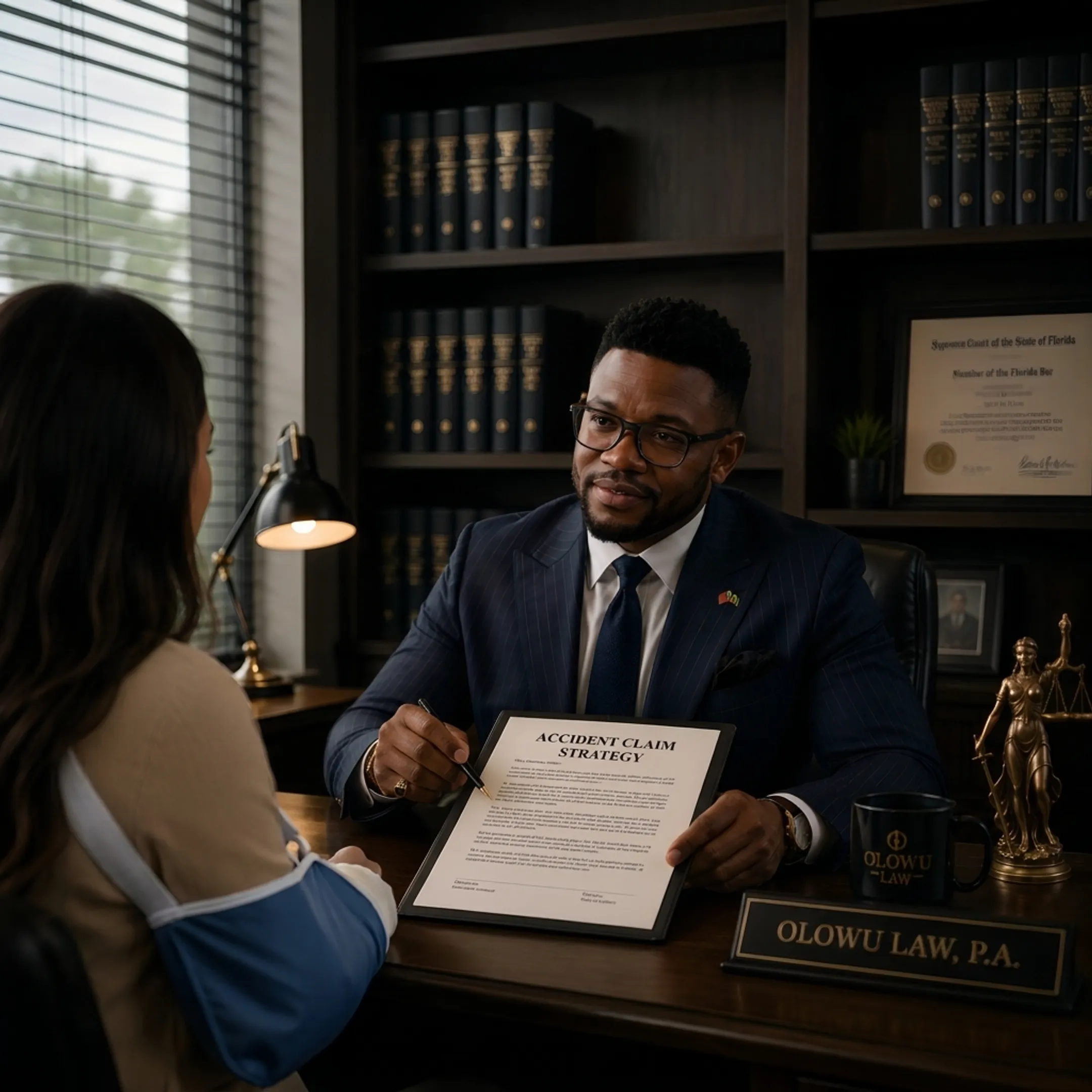 Attorney discussing an injury claim with a client and reviewing legal paperwork