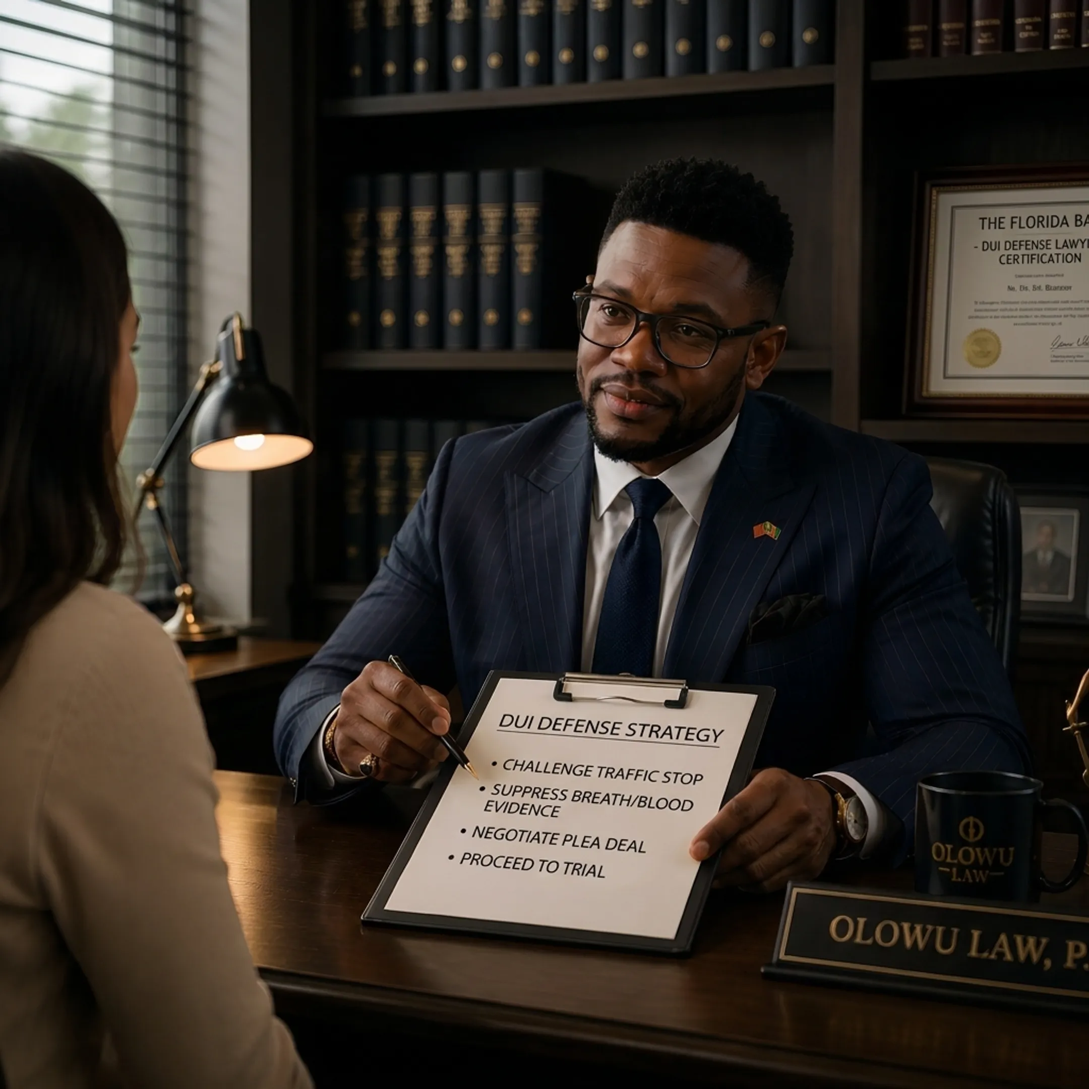 Attorney discussing DUI defense strategy with a client at a conference table