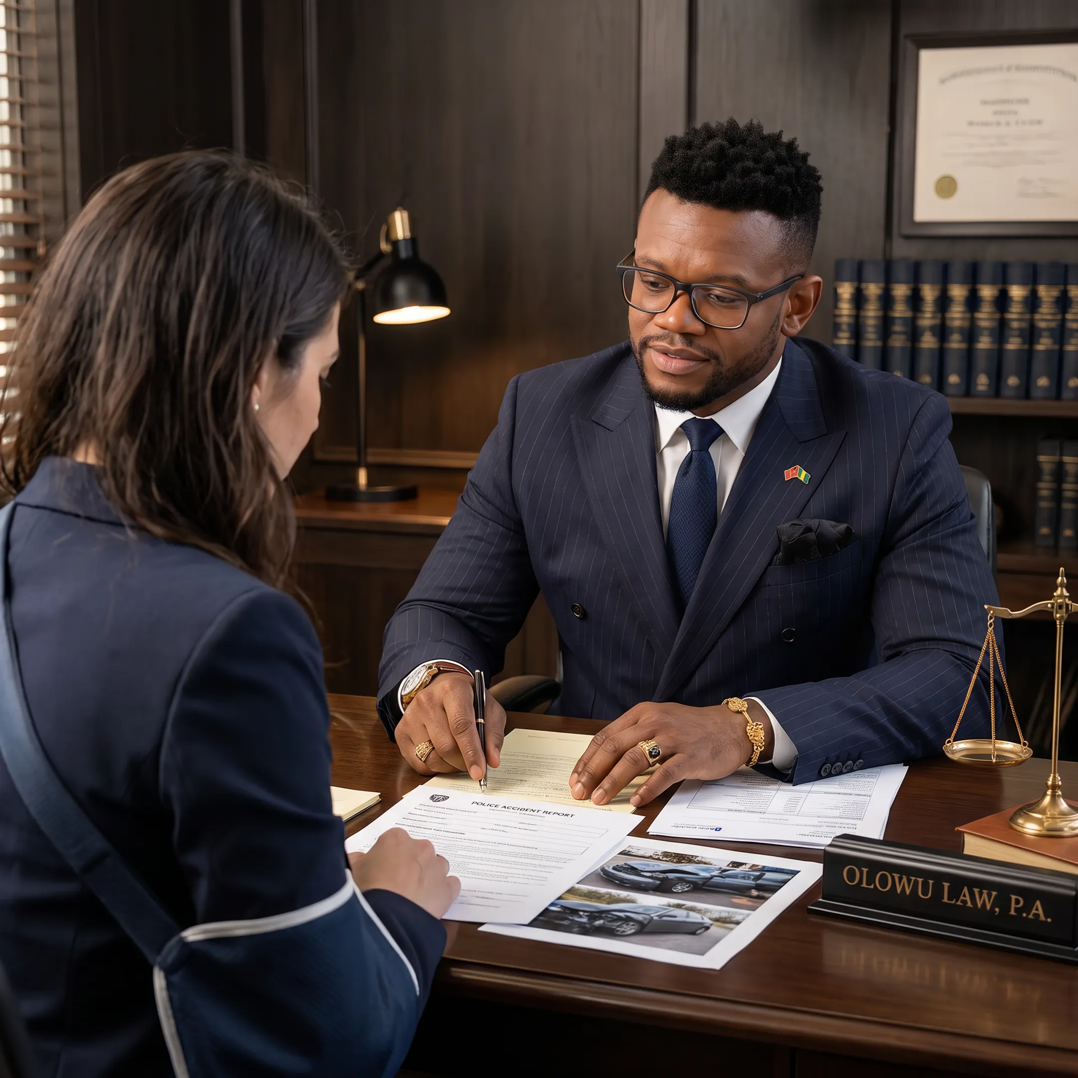 Personal injury attorney consulting with an injured client in a Florida law office