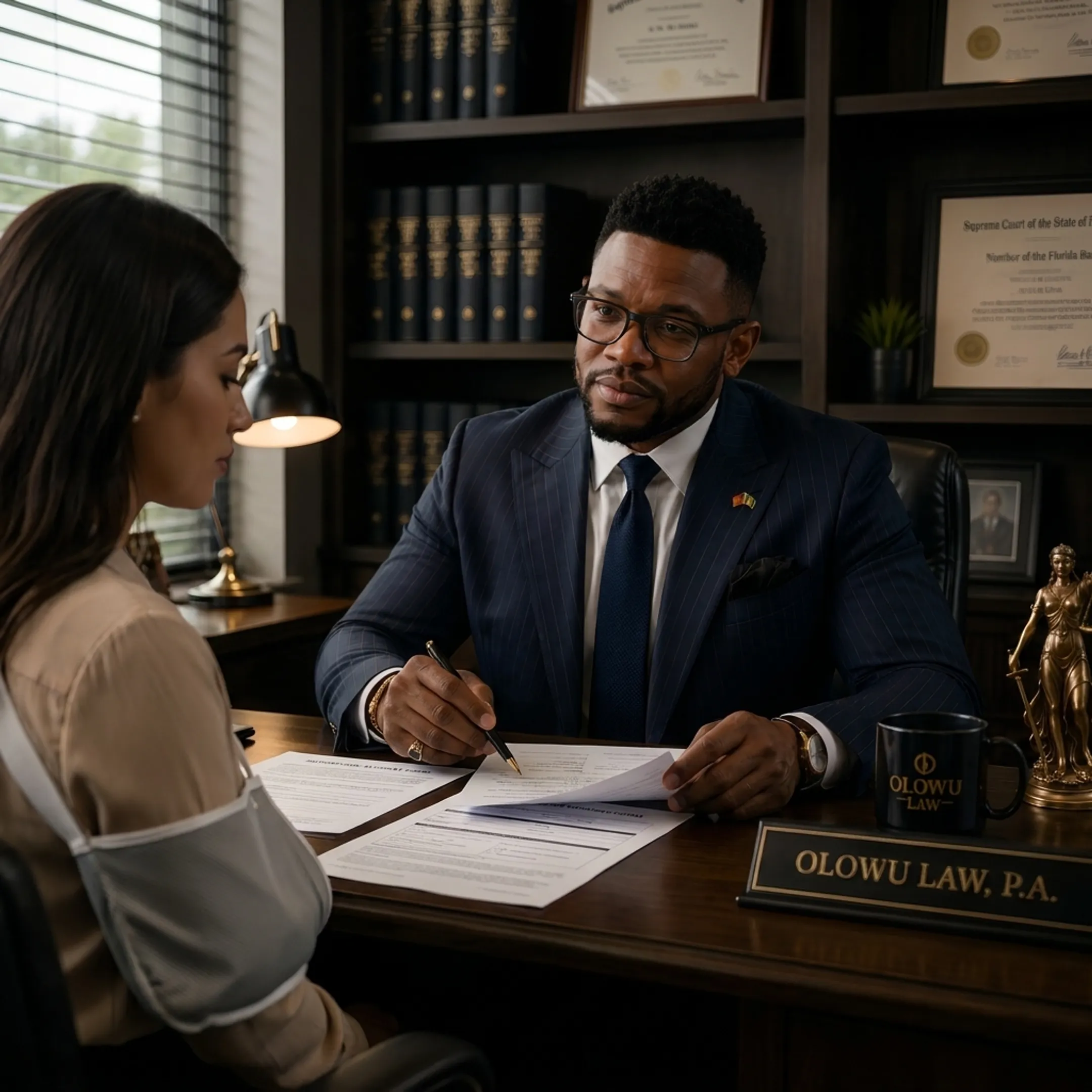 Attorney discussing motorcycle injury claim documents with client