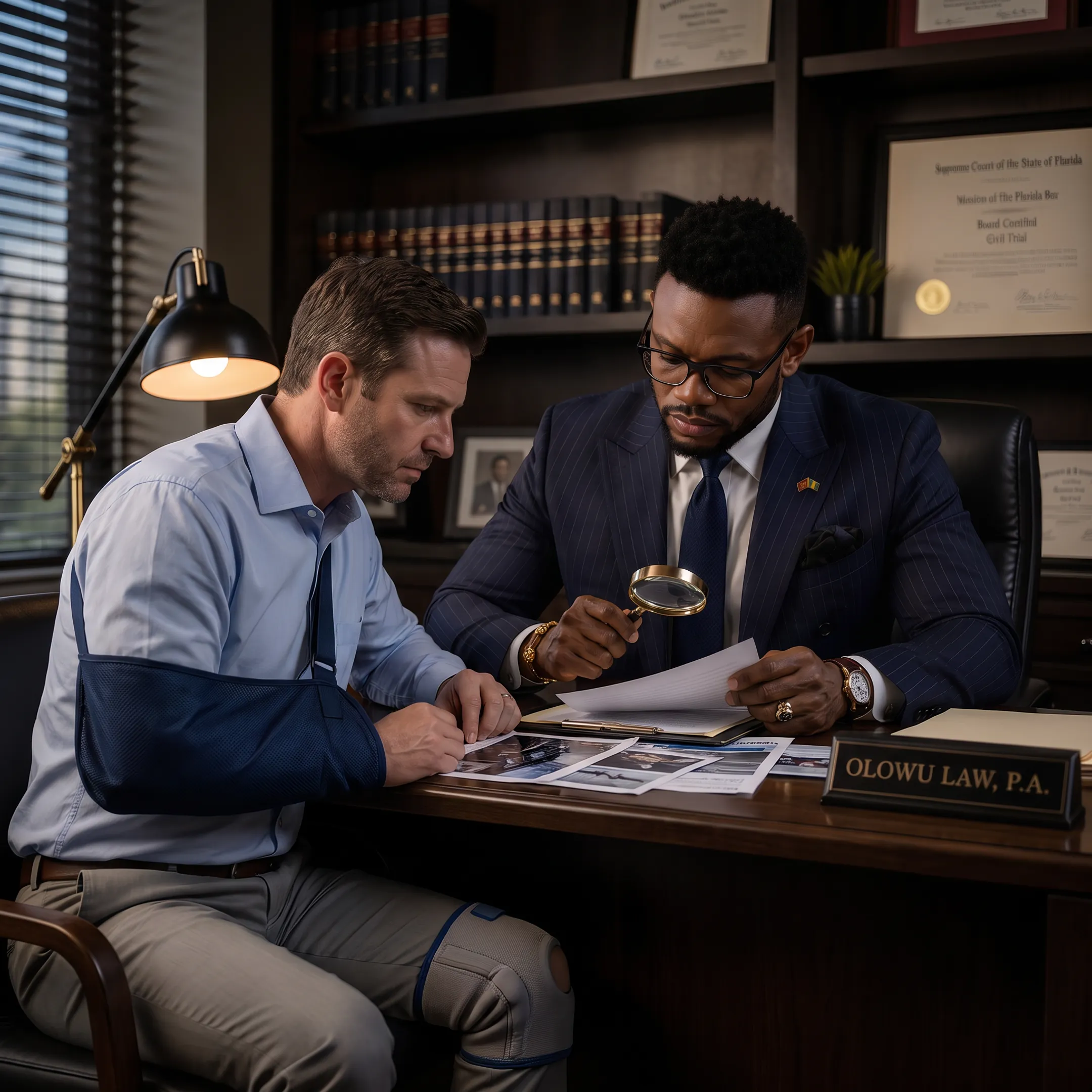 Attorney reviewing a motorcycle accident case with an injured client