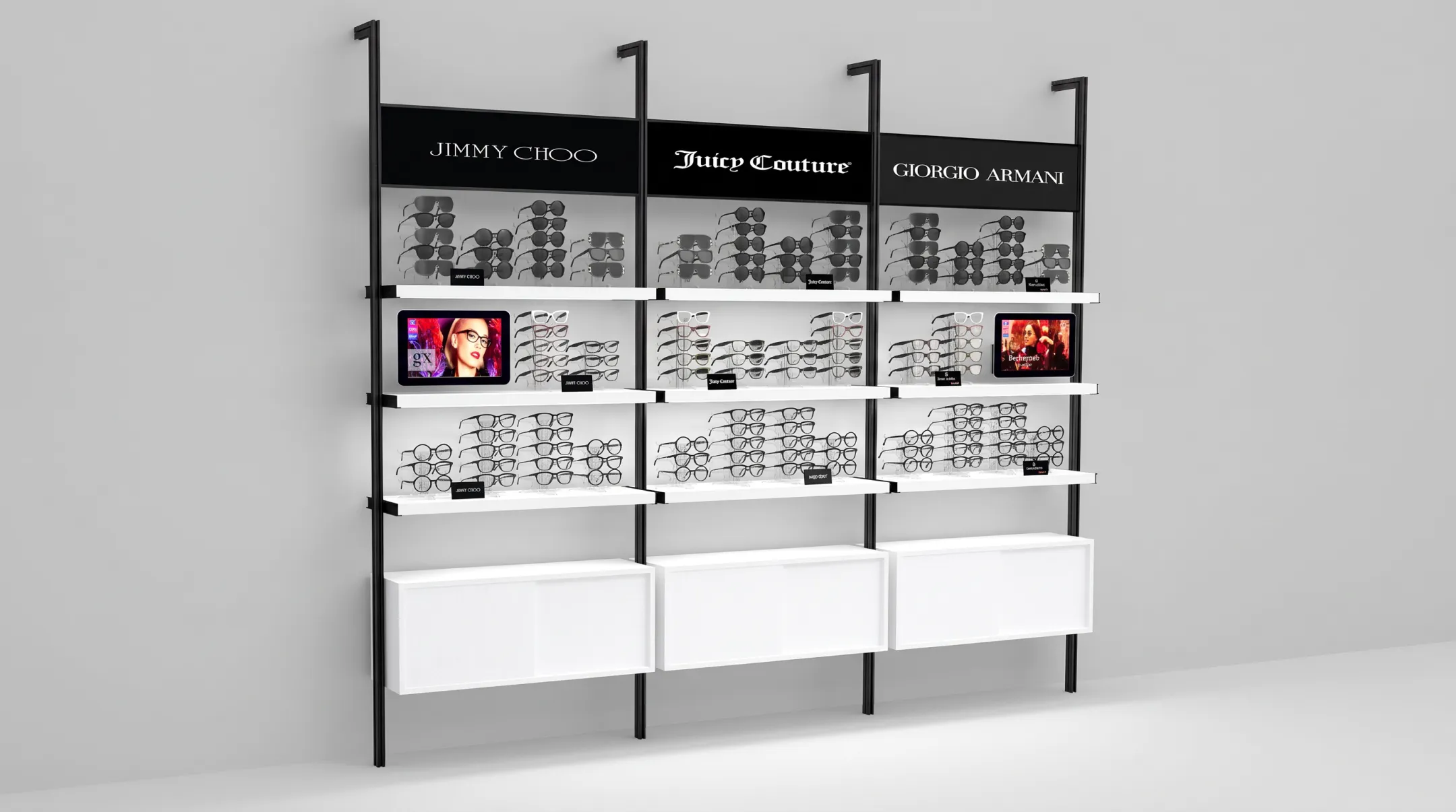 Modular optical display system with adjustable poles brackets and signage