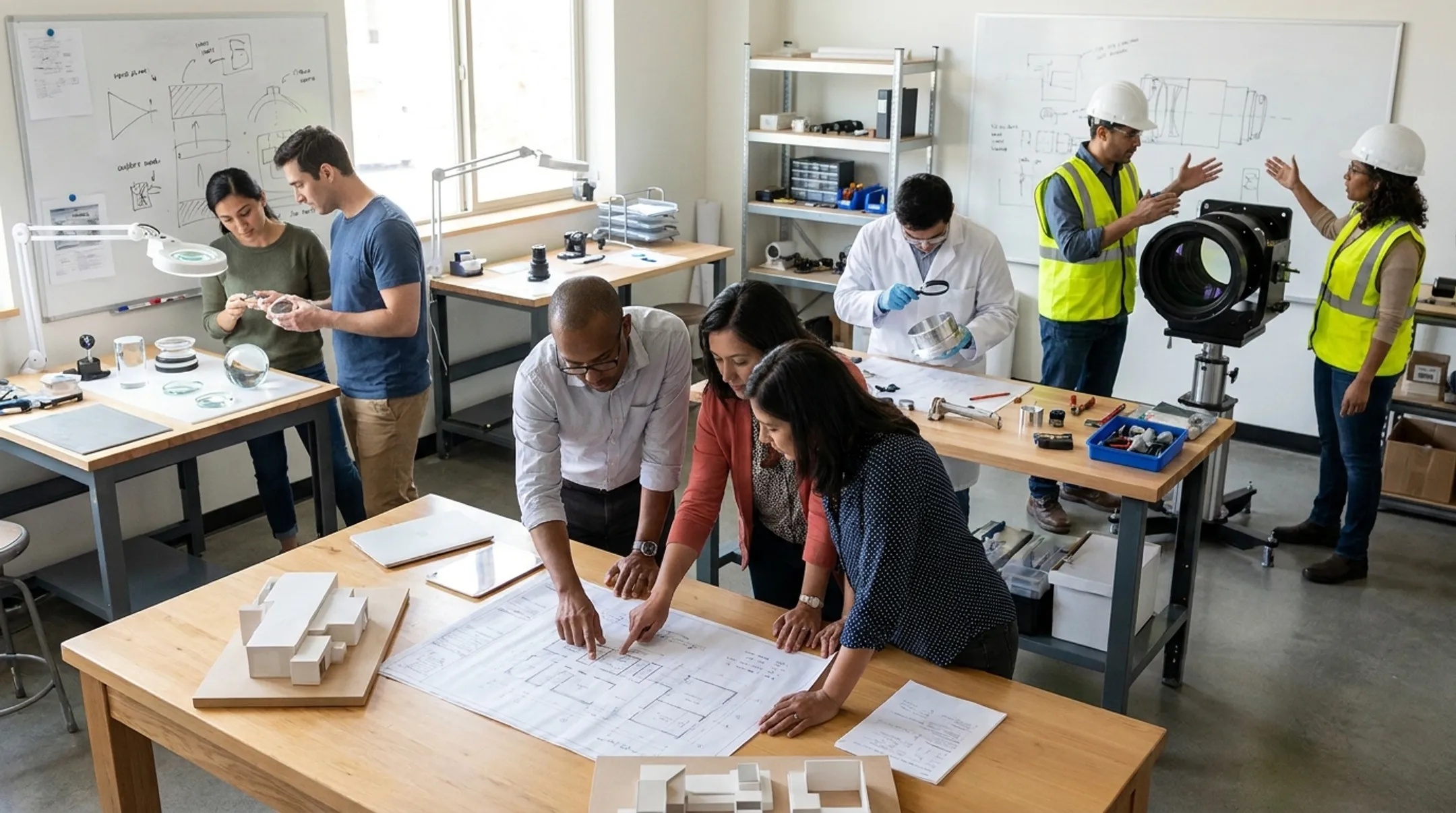 Optical design team coordinating practice planning and installation services