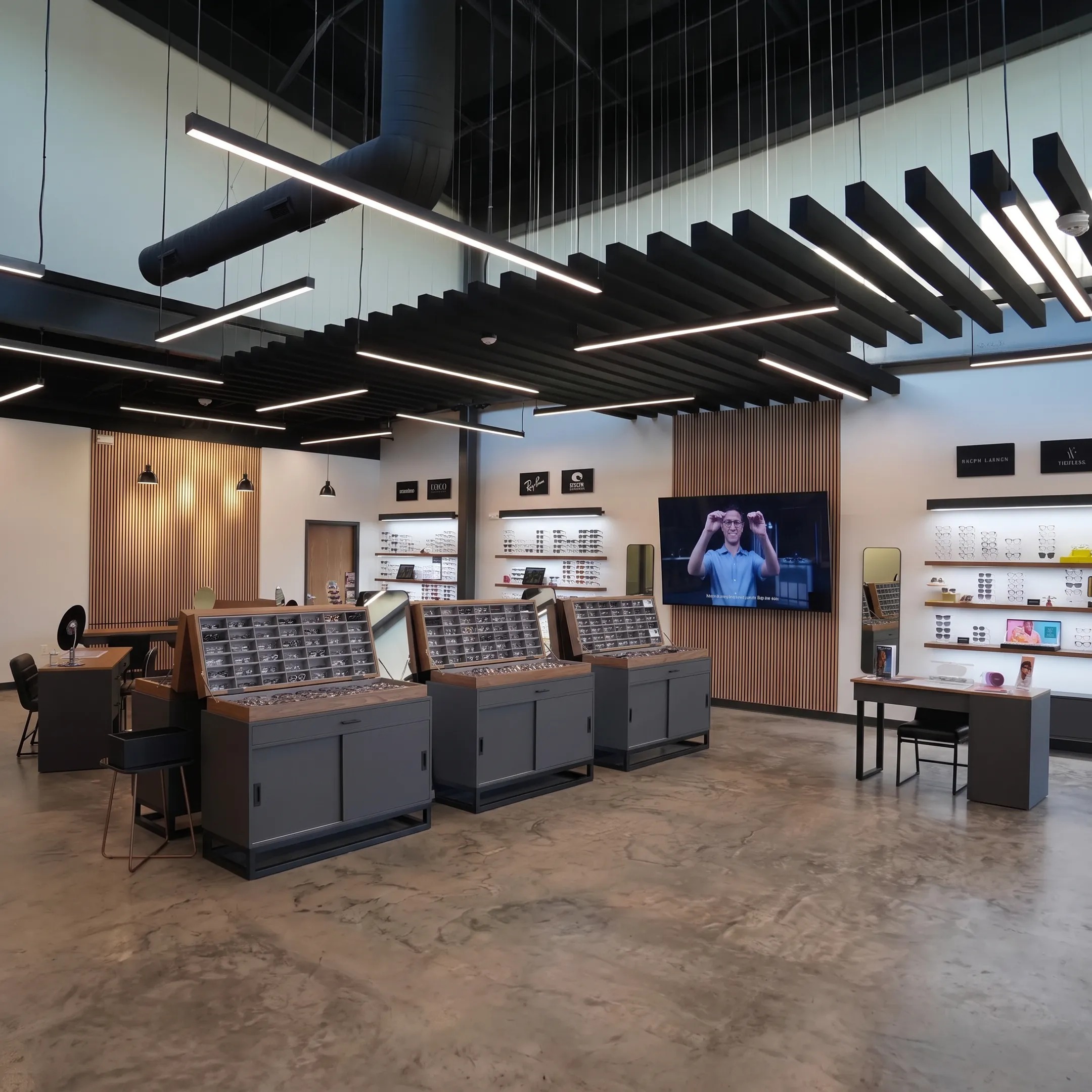 Optical practice digital display showing branded eyewear content beside curated product fixtures
