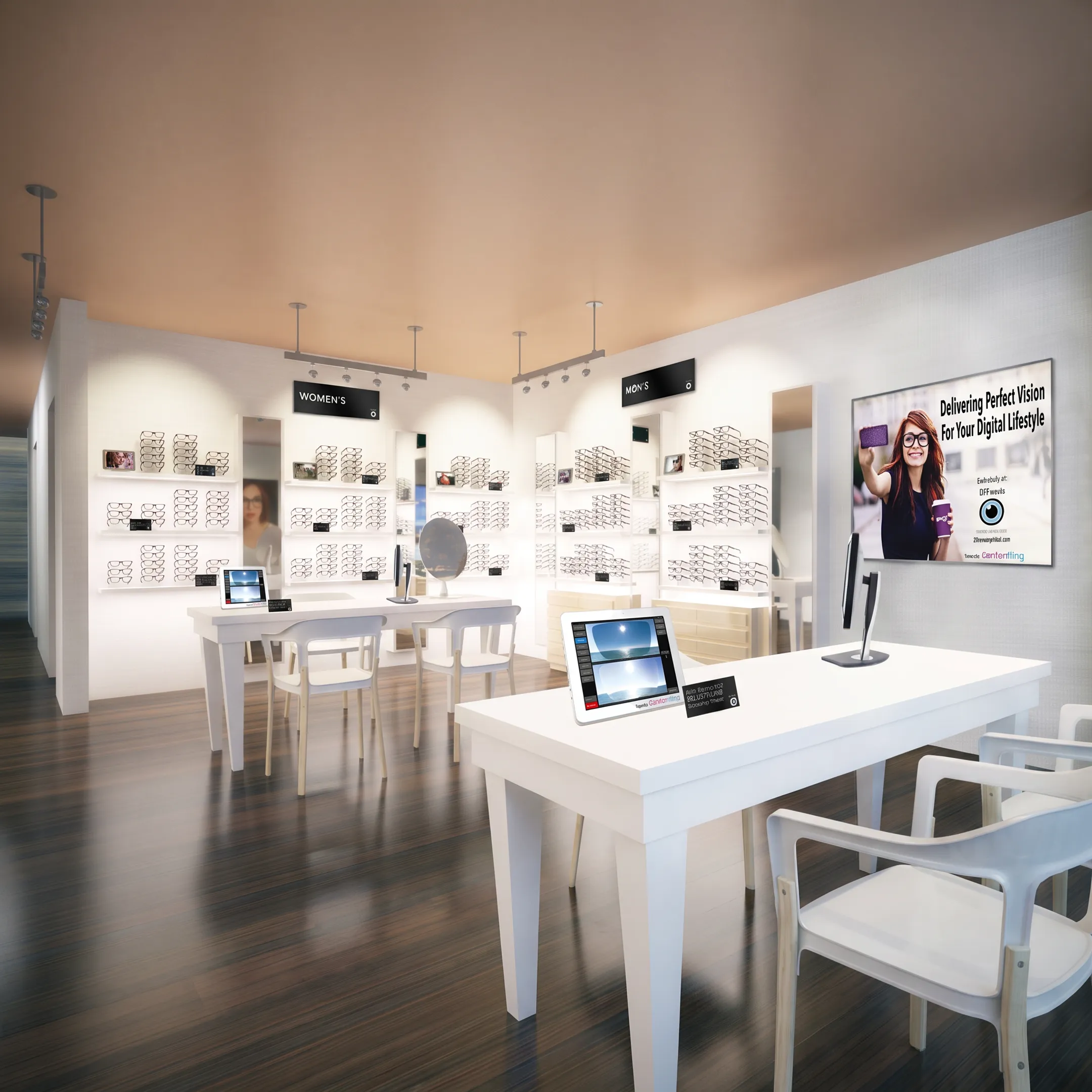 Consultant presenting an optical merchandising strategy beside eyewear displays