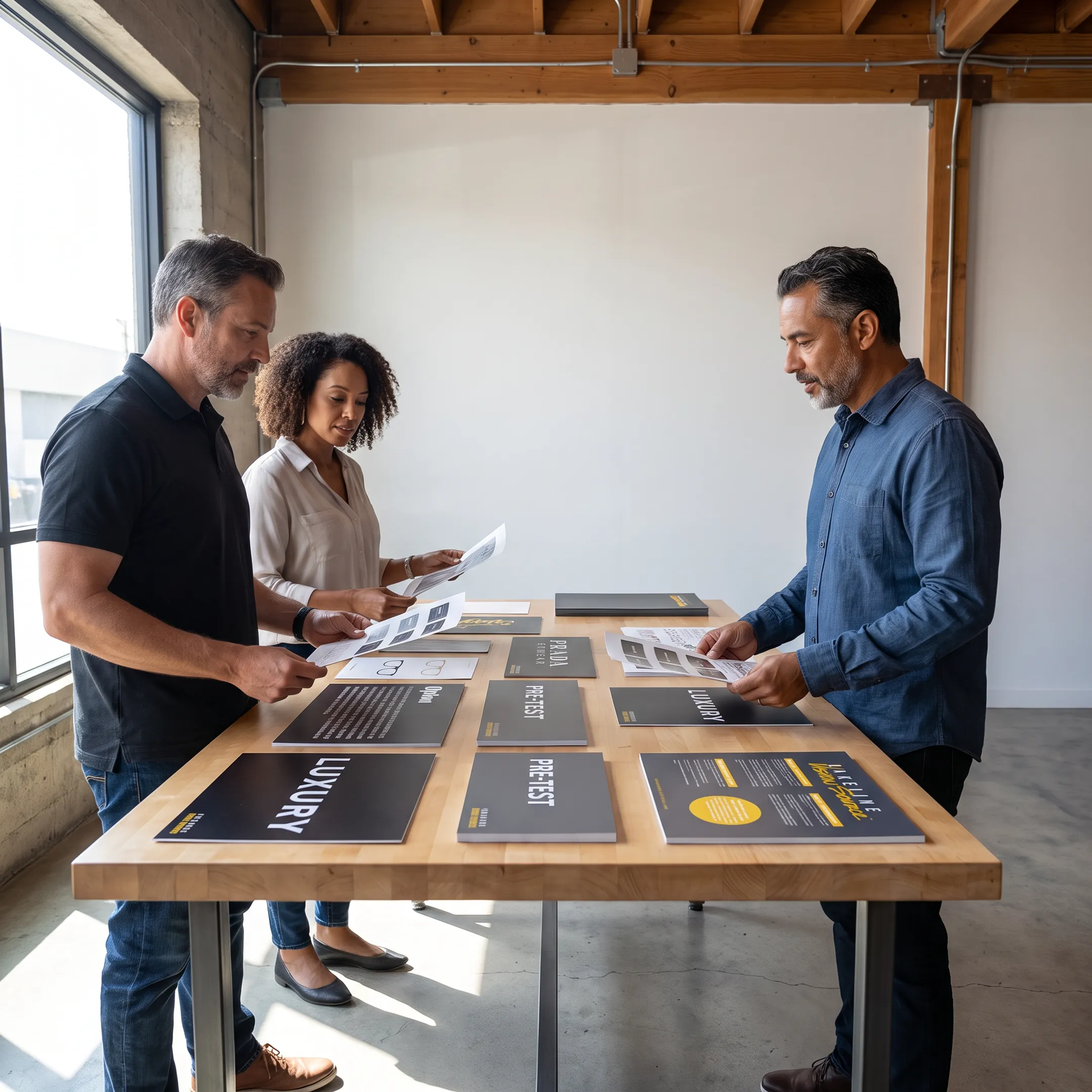 Designer reviewing custom signage graphics for an optical practice
