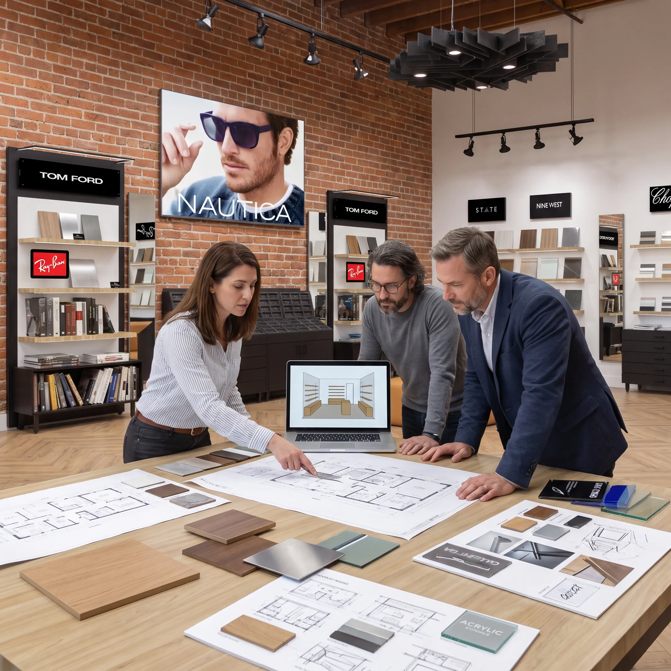 Designers planning a branded optical retail remodeling project