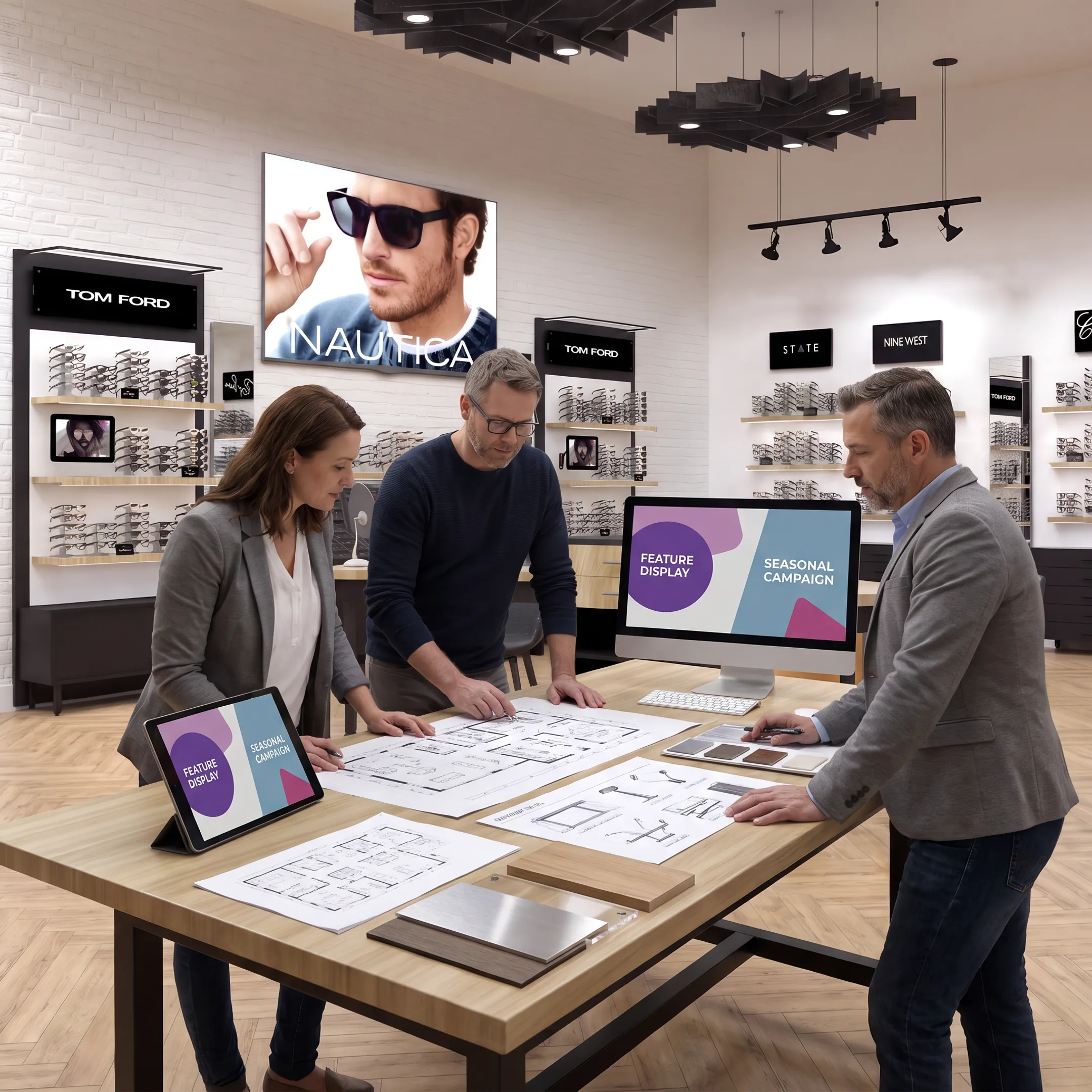 Design team planning an optical retail buildout with fixture and signage concepts