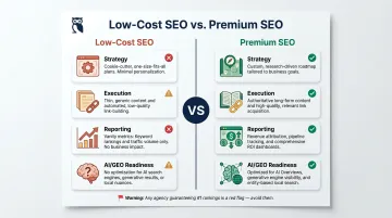 Low-cost versus premium SEO side-by-side comparison across four performance dimensions