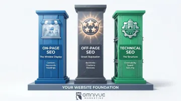 Three pillars of SEO comparison infographic on-page off-page technical