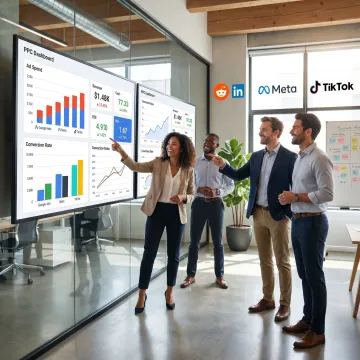 Team reviewing enterprise PPC campaign performance dashboards