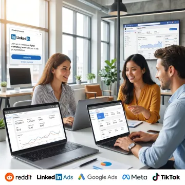 Google Ads campaign management team reviewing performance dashboards