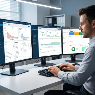 SEO specialist reviewing website technical audit dashboard