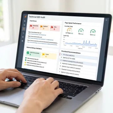 Technical SEO audit report on laptop screen