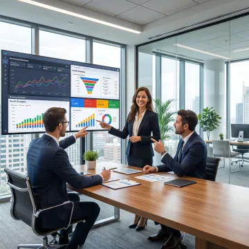 Digital marketing strategy session with analytics dashboards