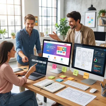 Conversion-focused website design team reviewing landing page performance