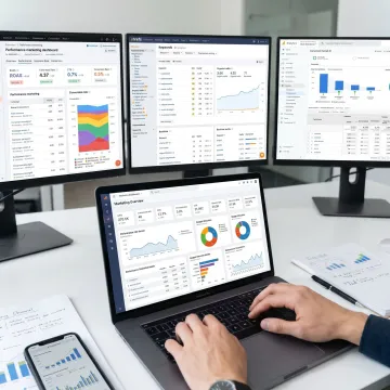Digital marketing strategy session with analytics dashboards