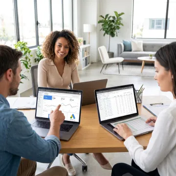 Google Ads campaign management team reviewing performance data