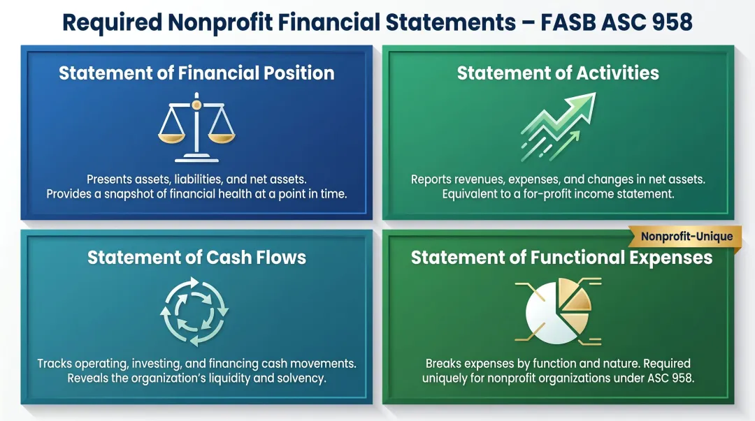 Four required nonprofit financial statements overview and purpose comparison chart
