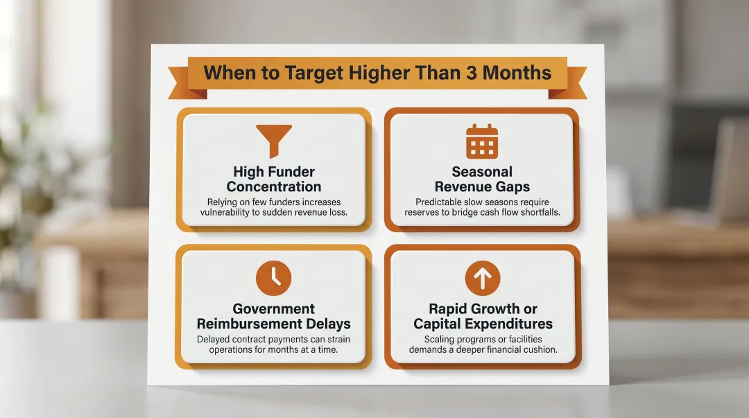 Four key factors that raise nonprofit operating reserve targets infographic