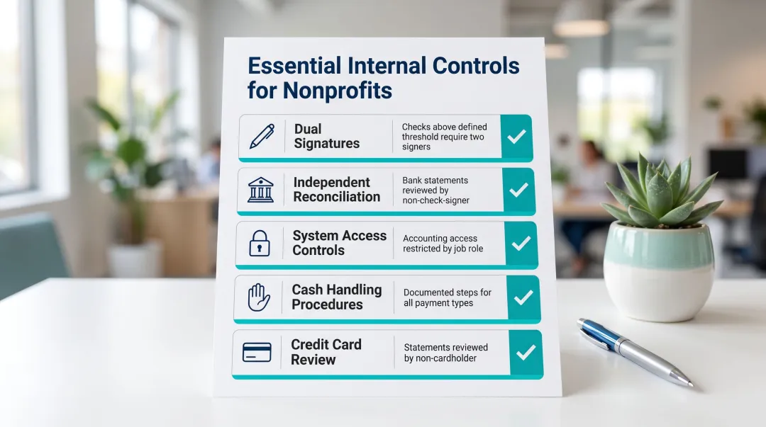 Five essential nonprofit internal controls and segregation of duties checklist infographic