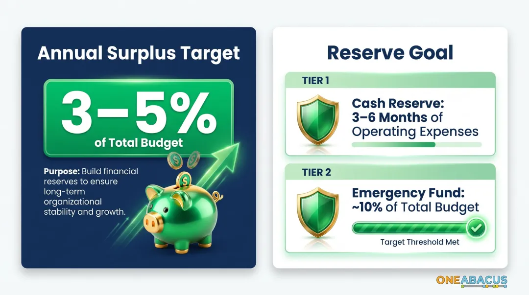 Nonprofit financial health benchmarks surplus reserve and cash targets infographic