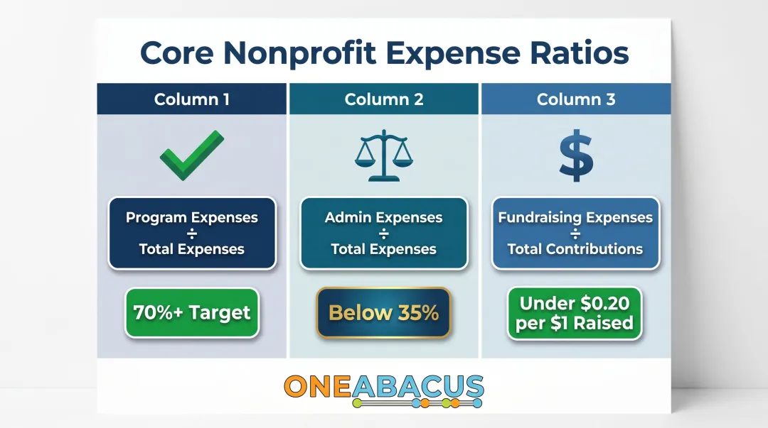 Three nonprofit expense efficiency ratios with formulas and benchmark targets infographic