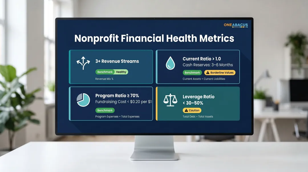 Nonprofit financial health metrics dashboard showing four key ratio categories and benchmarks