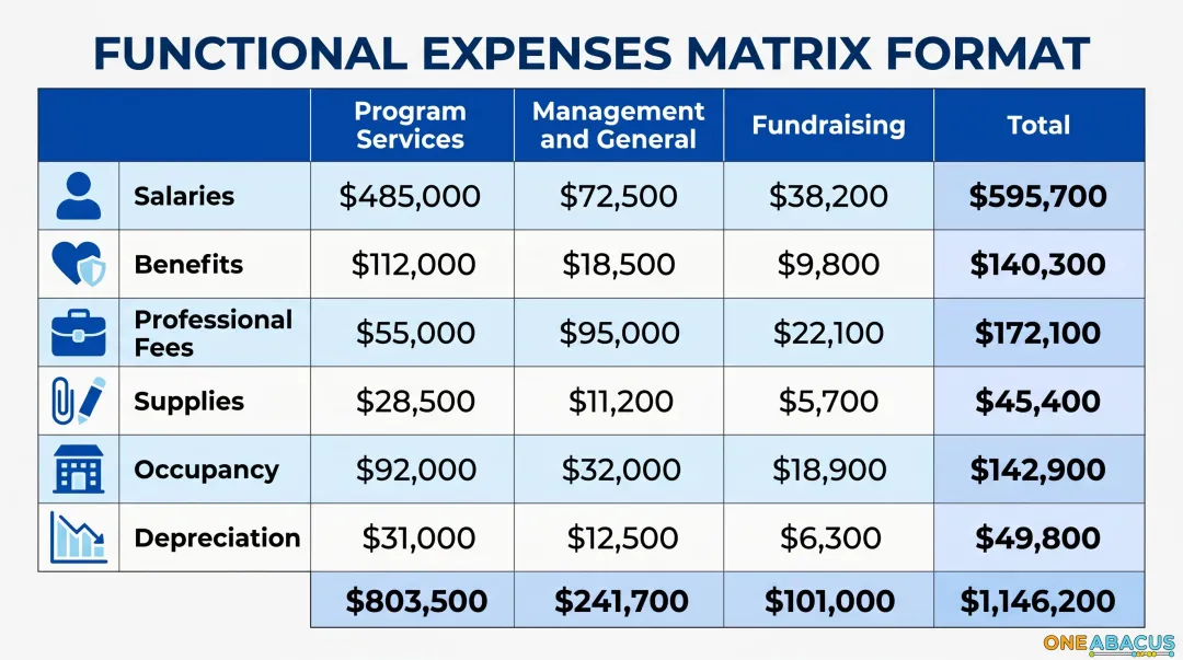 Statement of Functional Expenses matrix showing natural versus functional classification breakdown