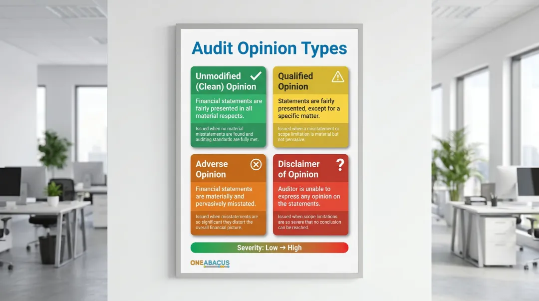 Four nonprofit audit opinion types comparison chart from clean to disclaimer