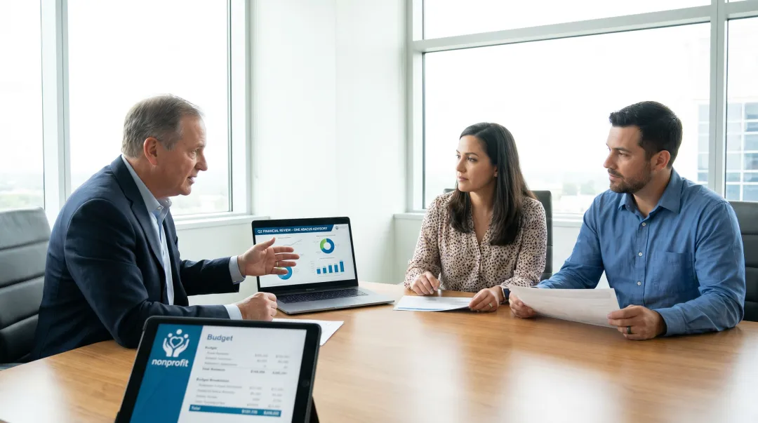 Fractional CFO financial leadership team reviewing nonprofit audit documentation and reports
