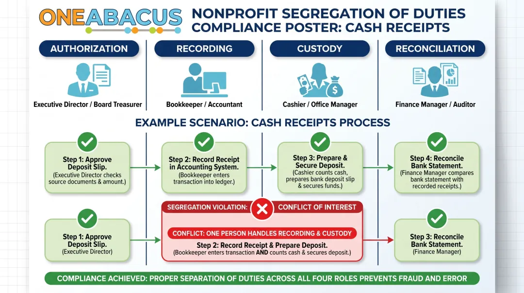 Segregation of duties breakdown showing separated financial roles and responsibilities