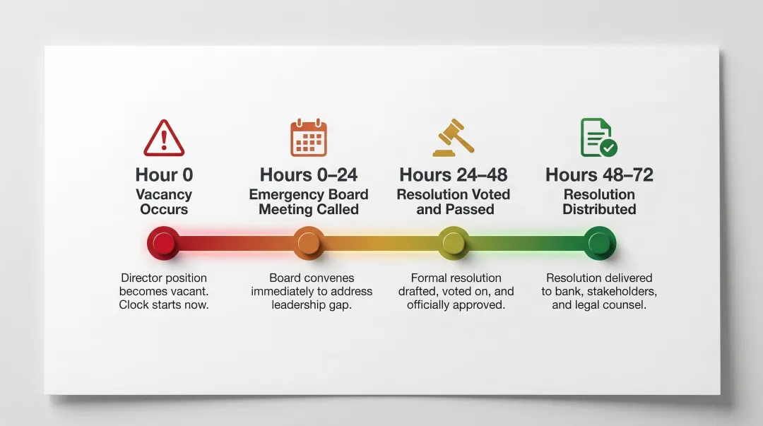 Nonprofit interim director appointment timeline showing 48-72 hour emergency resolution process