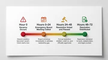 Nonprofit interim director appointment timeline showing 48-72 hour emergency resolution process