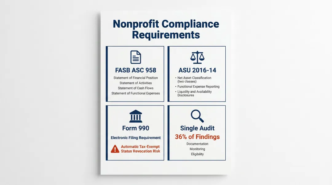 Four key nonprofit compliance requirements FASB ASU Form 990 single audit overview
