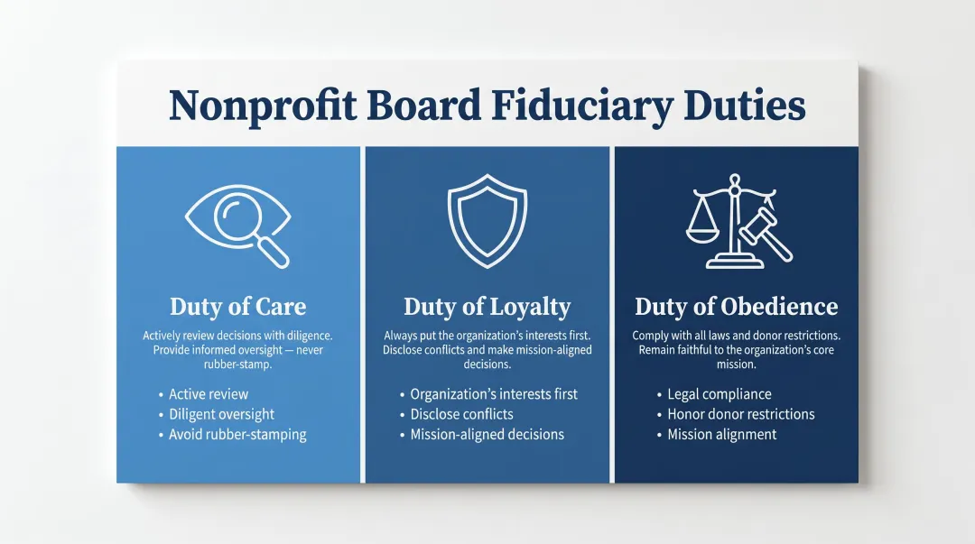Three nonprofit board fiduciary duties Care Loyalty Obedience explained visually