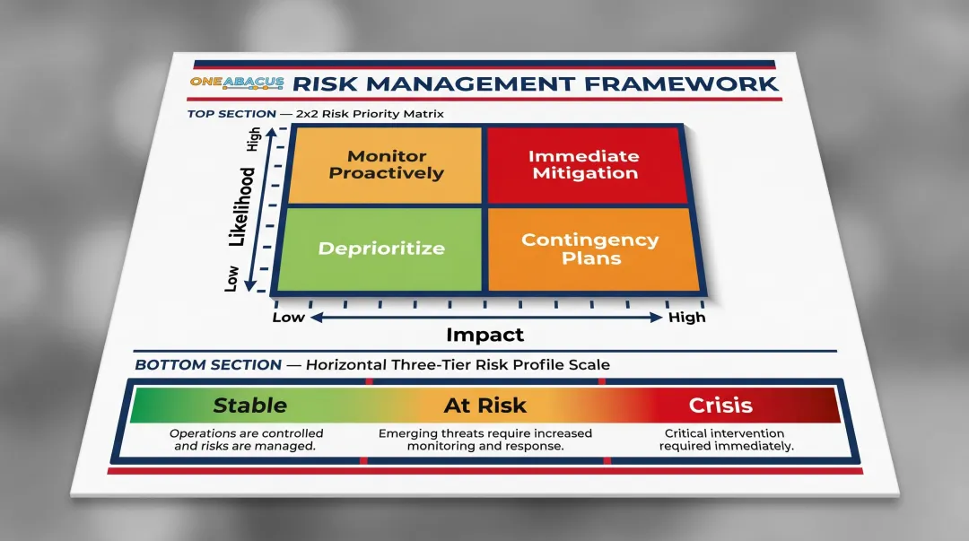 Nonprofit financial risk assessment matrix with likelihood impact scoring and three-level risk profiles