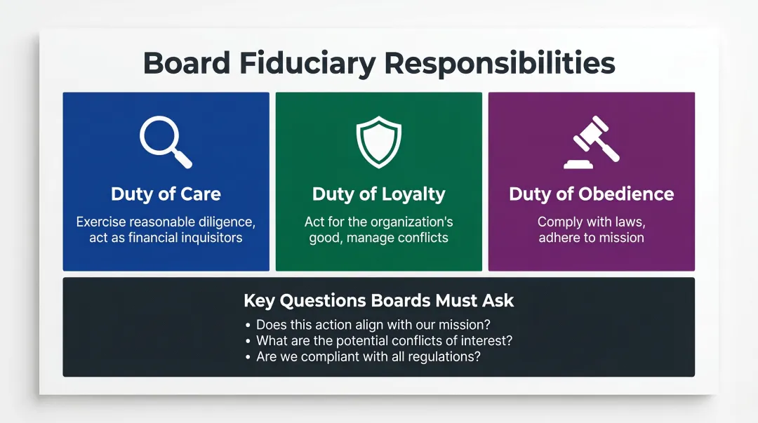 Three nonprofit board fiduciary duties with key oversight questions infographic