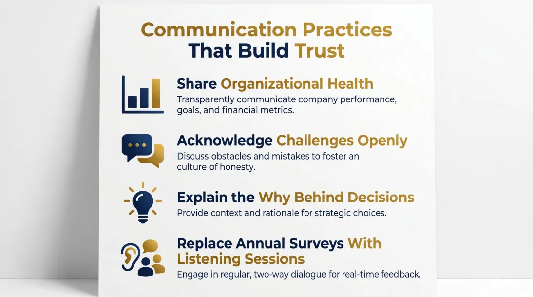Nonprofit leadership transparency communication practices that build staff trust infographic