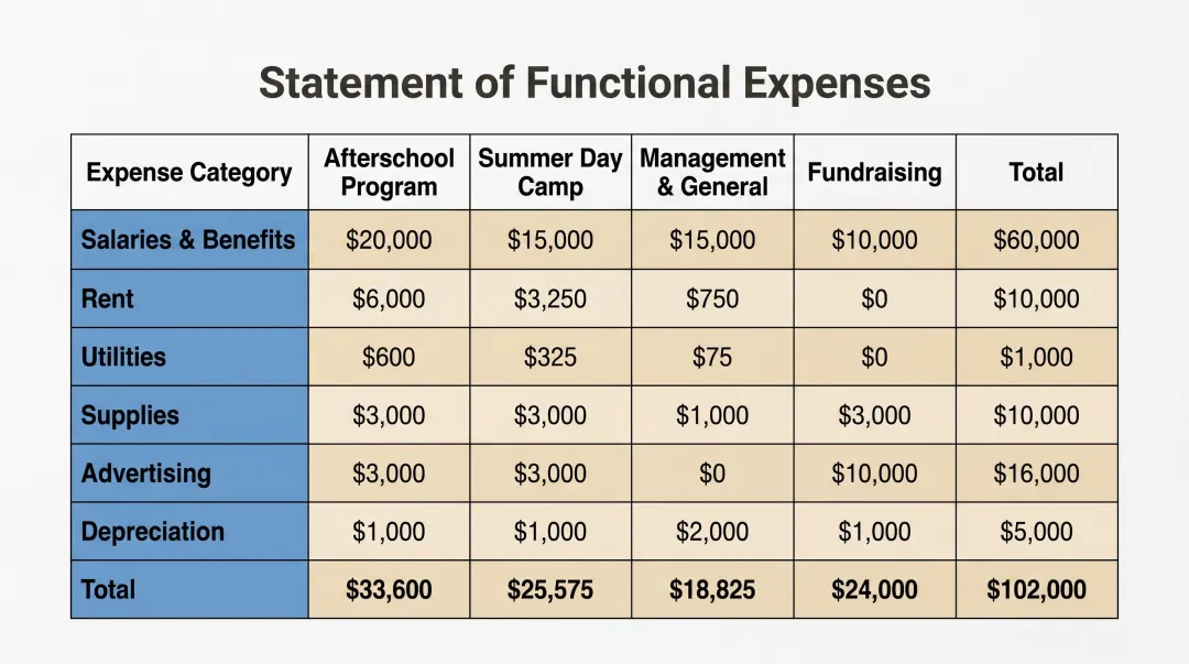 Nonprofit statement of functional expenses matrix showing natural and functional expense classifications