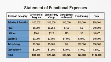 Nonprofit statement of functional expenses matrix showing natural and functional expense classifications