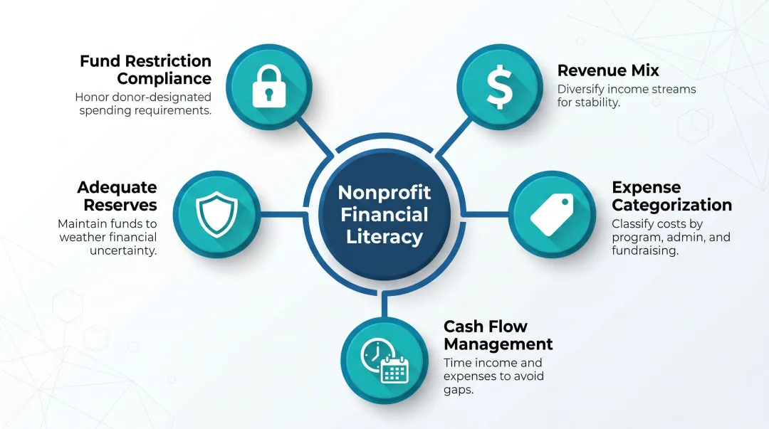 Five core dimensions of nonprofit financial literacy framework infographic