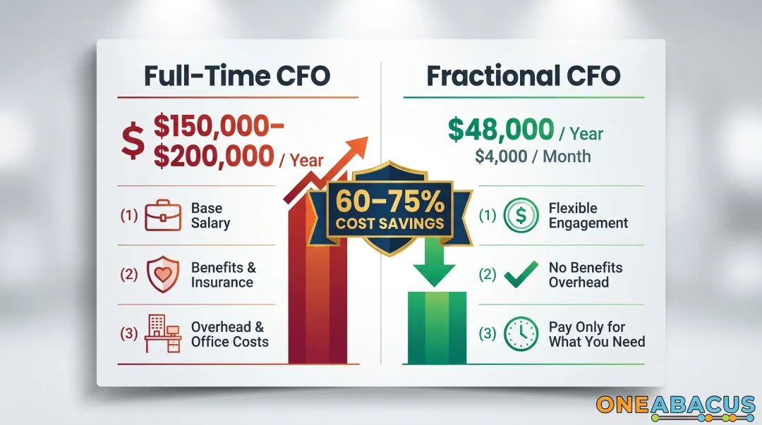 Full-time CFO versus fractional CFO annual cost comparison infographic